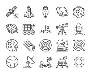 Space icons. Space exploration line icon set. Editable Stroke.