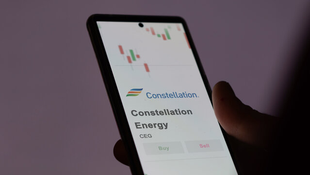 The logo of Constellation Energy on the screen of an exchange. Constellation Energy price stocks, $CEG on a device.