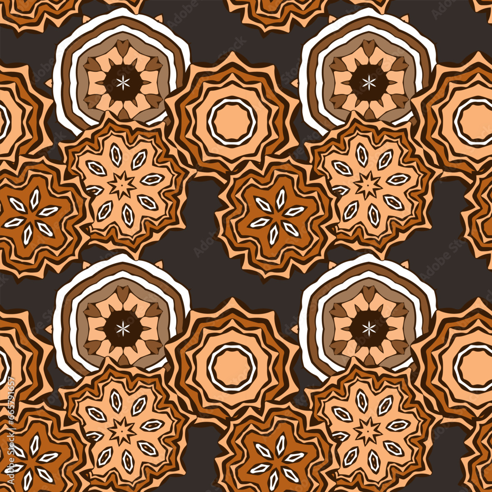 Poster seamless pattern with randomly located decorative elements. brown palette. vector illustration