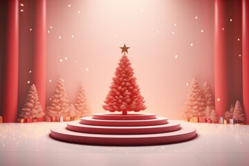 Fototapeta na wymiar Merry Christmas banner with stage product display cylindrical shape and festive decoration for christmas, Minimal scene for mockup products, promotion display, 3D rendering product display platform.