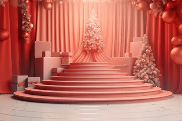 Obraz premium Merry Christmas banner with stage product display cylindrical shape and festive decoration for christmas, Minimal scene for mockup products, promotion display, 3D rendering product display platform.