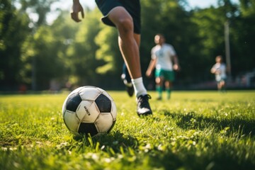 Fototapeta premium A soccer player hits a soccer ball during a game. near. Summer, summer sports