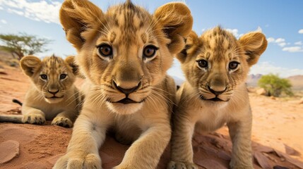 Group of young small teenage lions curiously looking straight into the camera in the desert