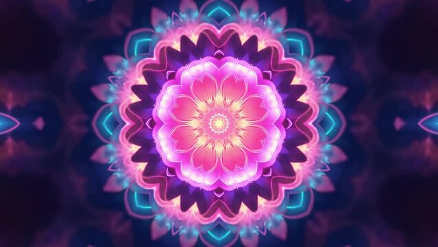 Colorful glowing mindful peace mandala. Mesmerizing multicolored kaleidoscopic pattern.
