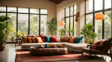 Modern living room spaces in a modern Indian house, with large windows.