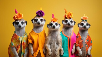 Fototapeta premium Meerkat in a group, vibrant bright fashionable outfits isolated on solid background advertisement, copy text space.