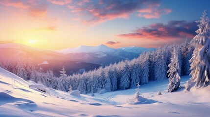 Impressive winter morning in Carpathian mountains with snow covered fir trees. Colorful outdoor scene