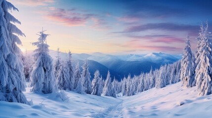 Impressive winter morning in Carpathian mountains with snow covered fir trees. Colorful outdoor scene