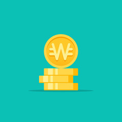 Korean Won golden coins stack flat style vector illustration	