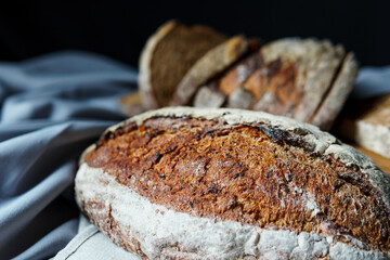 Freshly baked bread with a golden crust close up