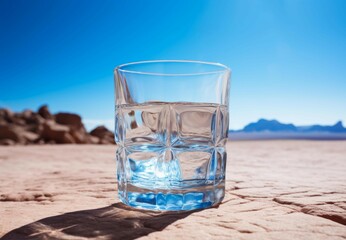 Refreshing Cold water glass in desert. Ecology dry. Generate Ai