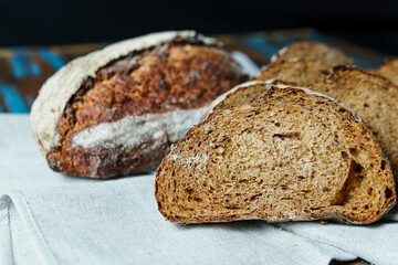 Freshly baked bread with a golden crust close up