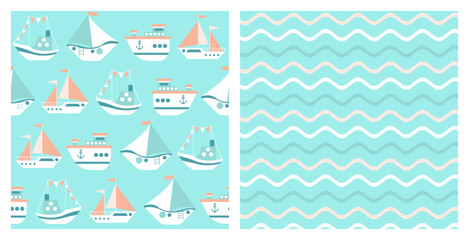 Children's  maritime blue template. Seamless backgrounds.
Turquoise children's textures with ships. Set of cute textile prints. Children's pastel backgrounds for albums. Vector illustration
