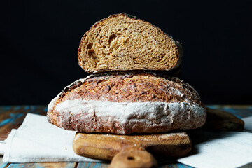 Freshly baked bread with a golden crust close up