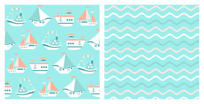 Children's  maritime blue template. Seamless backgrounds.
Turquoise children's textures with ships. Set of cute textile prints. Children's pastel backgrounds for albums. Vector illustration