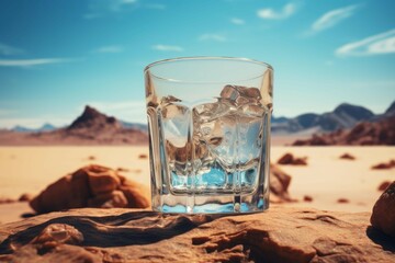 Gleaming Cold water glass in desert. Ecology dry. Generate Ai