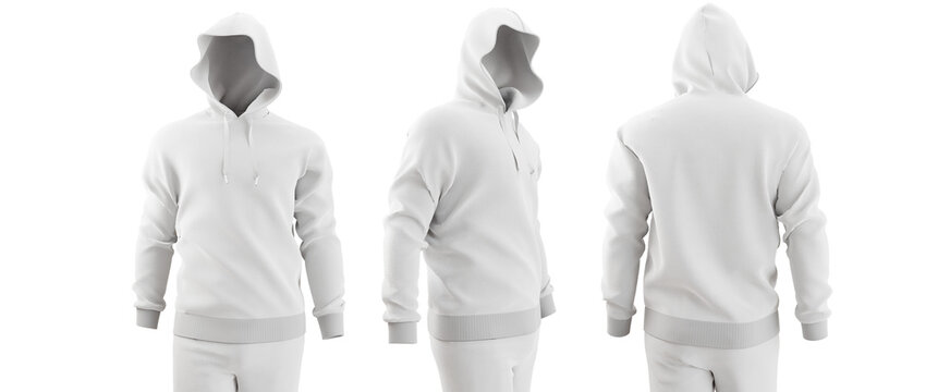 Winter men wear jacket clothing fashion clothes - white hoodie from the front side and back side, isolated on white background. 3d render.