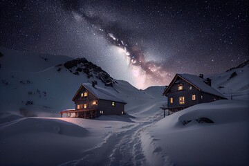 Winter landscape. Ski resort. Houses in mountains.