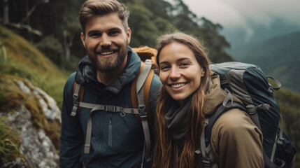 Couple smiling while hiking in the mountains.