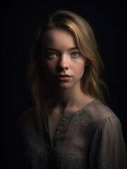 Young woman with blue eyes is posing in front of a dark background.