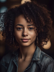 Young woman with curly hair looking at the camera.