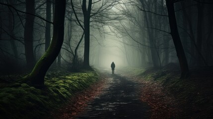 A surreal image of a person walking along a quiet, still forest path