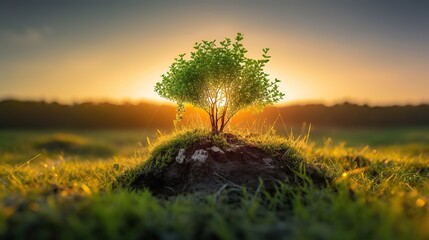 Free photo of a tree growing under the sky at sunset surrounded by grass - obrazy, fototapety, plakaty