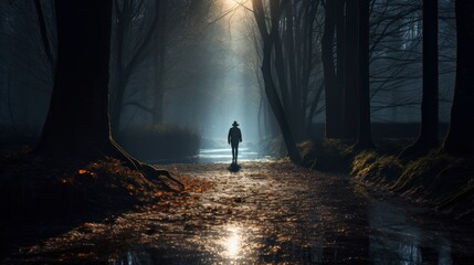A surreal image of a person walking along a quiet, still forest path - obrazy, fototapety, plakaty