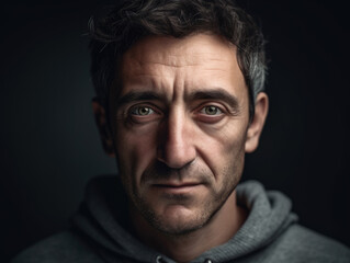 Obraz premium Man in a gray hoodie is staring at the camera.