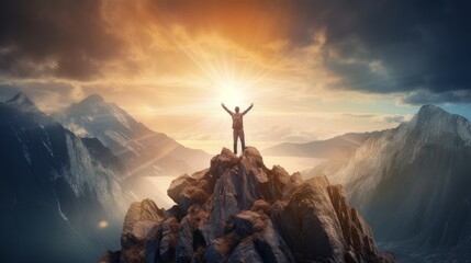 A surreal powerful image of a person standing on a mountaintop, arms raised in triumph - obrazy, fototapety, plakaty