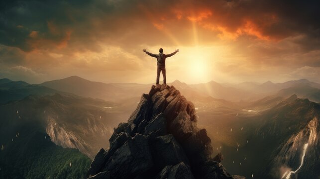 A surreal powerful image of a person standing on a mountaintop, arms raised in triumph