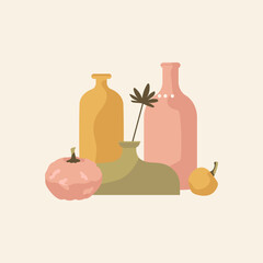 Composition with pumpkins and vases vector. Autumn still life art. Thanksgiving Happy Halloween day card. Design for festival, harvest. Flat style illustration