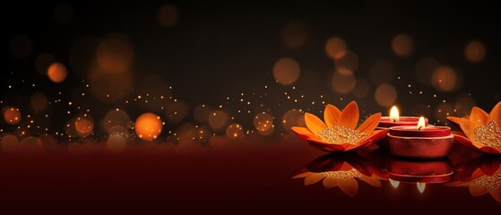 Diwali background with copy space. A lit candle on a wooden table, with a blurred bokeh background of lights. Perfect for advertising, banners, and social media posts.