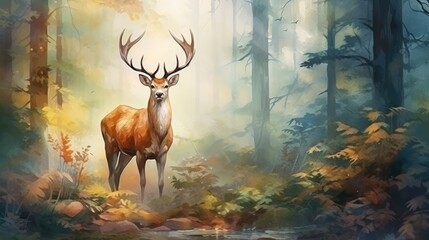 Watercolor deer in the forest Beautiful illustration