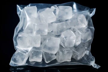 Ice cubes in plastic bag, packaged ice on background with clipping path. Generative AI