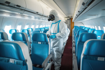 person in a protective suit conducts disinfection in the cabin of a passenger plane