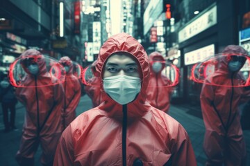 asian perople in hazmat suits during coronavirus pandemic on urban city blurred background.