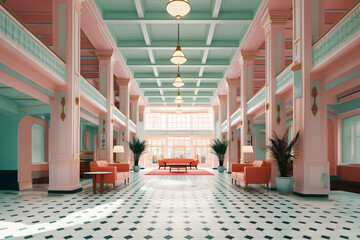 Daylight Hotel Lobby with Cinematic Charm, Hotel Lobby by Day, Cinematic Visuals, Pastel Interior Colors, Vintage Style, Luminous Daytime Setting, Cinematic Elegance, Hotel Interior by Day