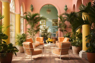 Alfresco Dining with Cinematic Touches, Outdoor Restaurant Setting, Cinematic Atmosphere, Retro Dining Decor, Pastel Dining Area, Vintage Furniture, Charming Alfresco Ambiance, Film-Inspired Dining.