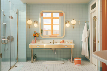Vintage Bathroom in Cinematic Retro Style, Retro Bathroom, Cinematic Ambiance, Pastel Color Palette, Nostalgic Decor, Cinematography Details, Classic Elegance, Retro Interior Setting. Vintage Bath Spa