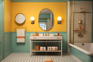 Vintage Bathroom in Cinematic Retro Style, Retro Bathroom, Cinematic Ambiance, Pastel Color Palette, Nostalgic Decor, Cinematography Details, Classic Elegance, Retro Interior Setting, Vintage Bath Spa