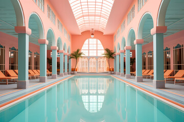 Cinematic Poolside Scene with Pastel Colors, Poolside, Cinematic Aesthetics, Retro, Atmosphere, Vintage Color Palette, Summer Relaxation, Nostalgic Poolside, Summertime Ambiance, interior, architectur
