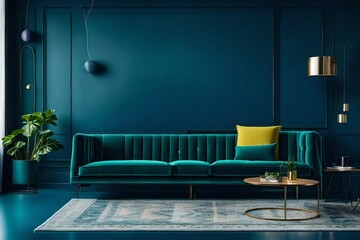 Green sofa and wooden table in living room interior with blue wall - obrazy, fototapety, plakaty