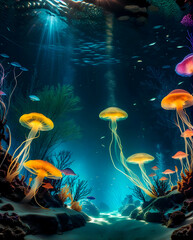 Fototapeta na wymiar Ai generated illustration of glowing colourfull jellyfishes floating in depths of the ocean