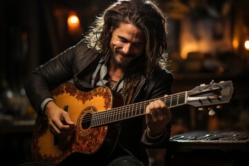 Obraz premium Guitarist in a Dimly Lit Bar