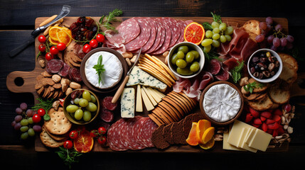 Cheese and meat platter with nuts and dried fruits. Generative AI - obrazy, fototapety, plakaty