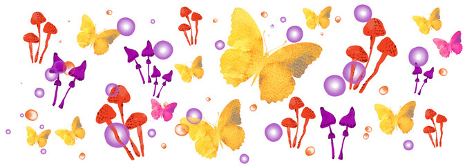 Butterflies, flowers, mushrooms horizontally pattern. Botanical, autumn illustration. Holiday, forest, nature, watercolour.