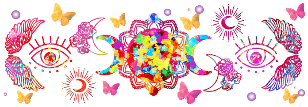 abstract colorful background. Holiday, Ramadan, wedding, birthday card with flowers, butterfly, moon, mandala. - Powered by Adobe