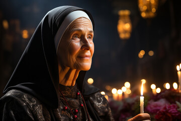 Nun, a member of a religious community leading a nun's life. member of a religious community, praying to God and Jesus Christ, faith religion bible, monastery laurel church, Mother Sister Nun . - obrazy, fototapety, plakaty