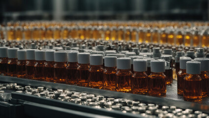 Vaccine development in medical ampoules on industrial production line, pharmaceutical machine operating in health field, laboratory tests